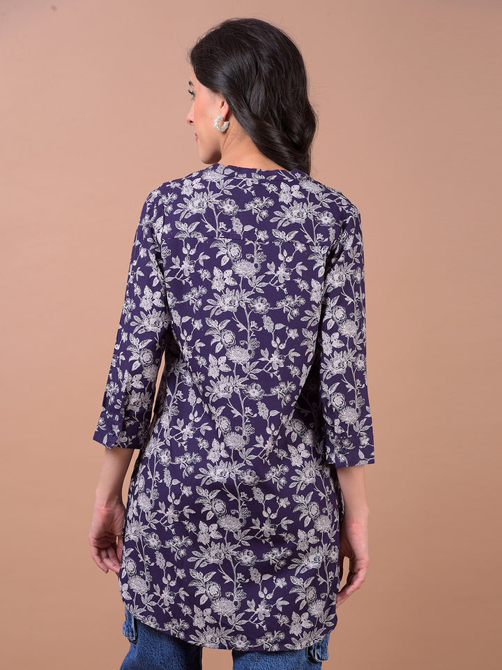 Purple Floral Print V-Neck Top