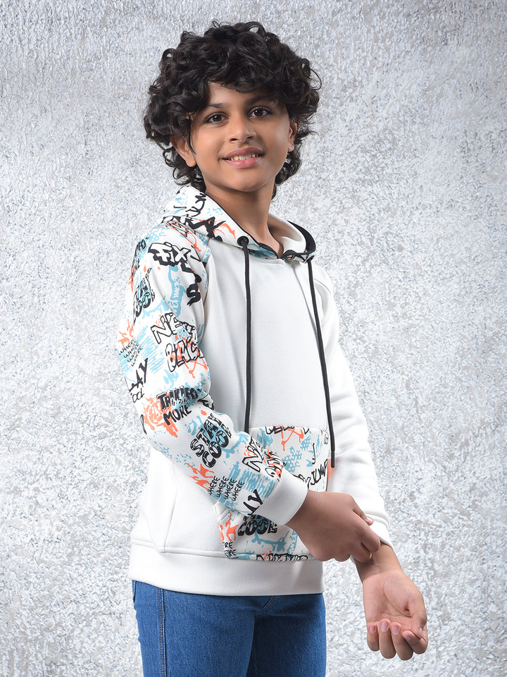 White Printed Hooded Neck Sweatshirt