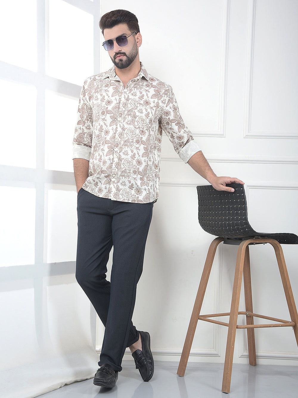 Brown Floral Print Linen Shirt