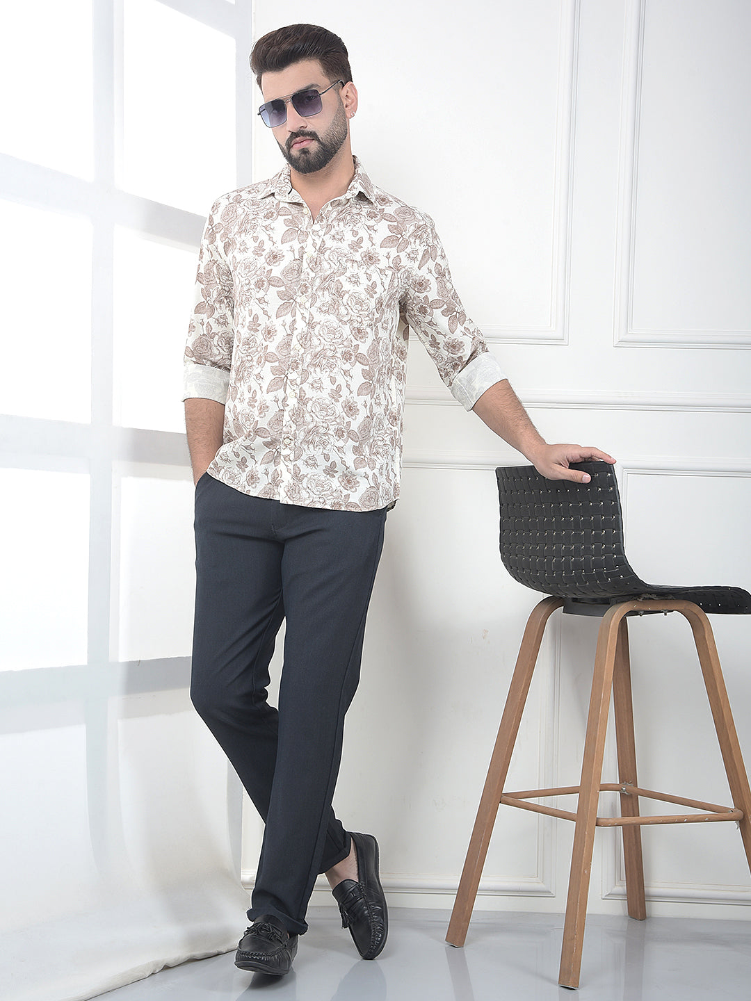 Brown Floral Print Linen Shirt