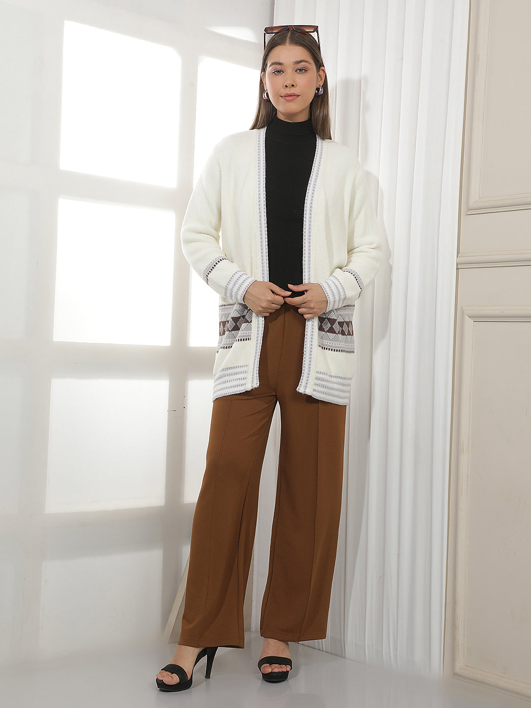Off White Jacquard Open Front Longline Shrug