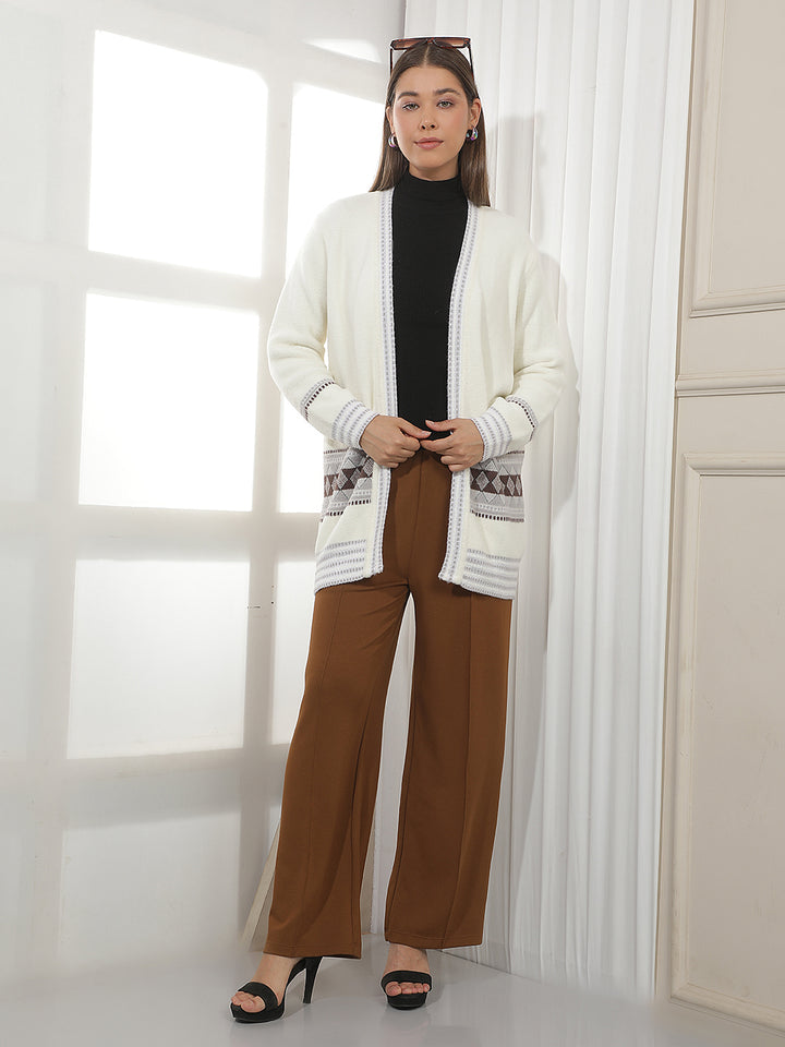 Off White Jacquard Open Front Longline Shrug