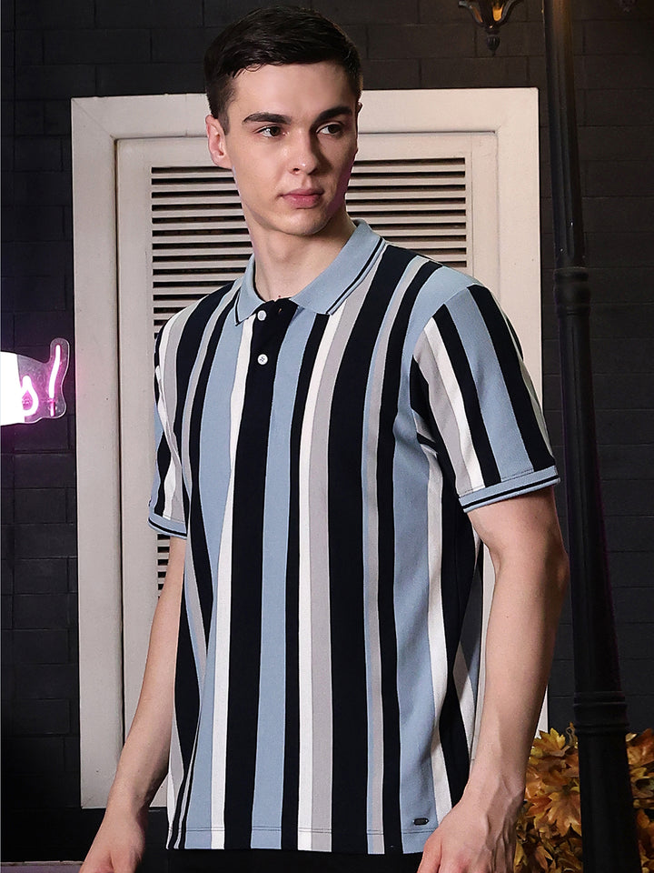 Navy Blue Vertical Striped Polo Neck T-Shirt