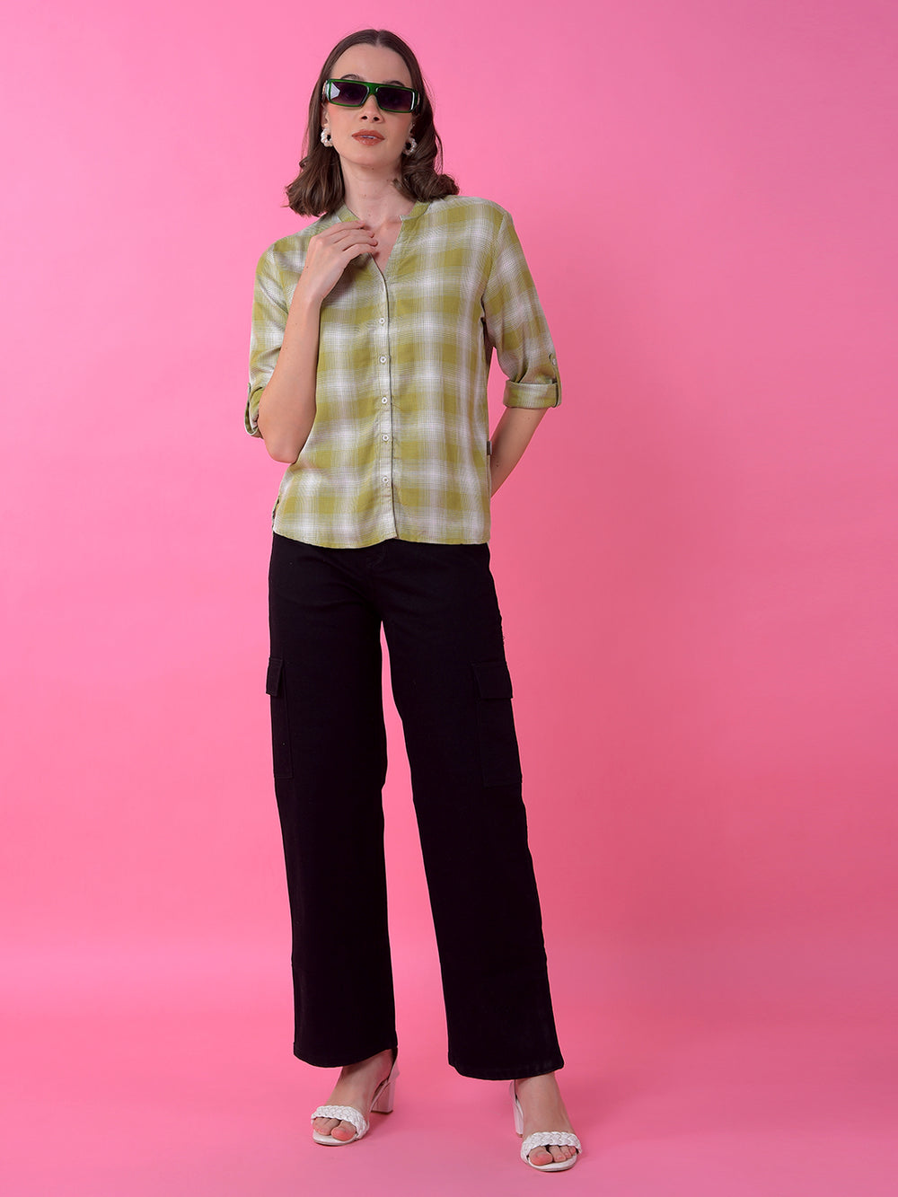 Green Checked V-Neck Shirt