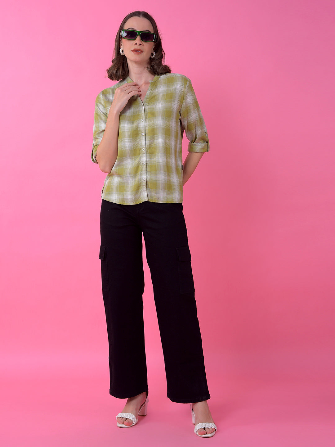 Green Checked V-Neck Shirt