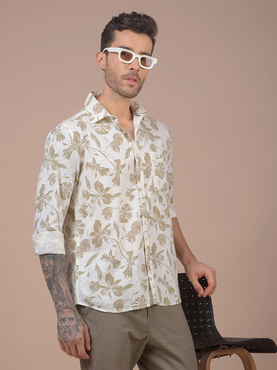 Khaki Floral Print Linen Shirt