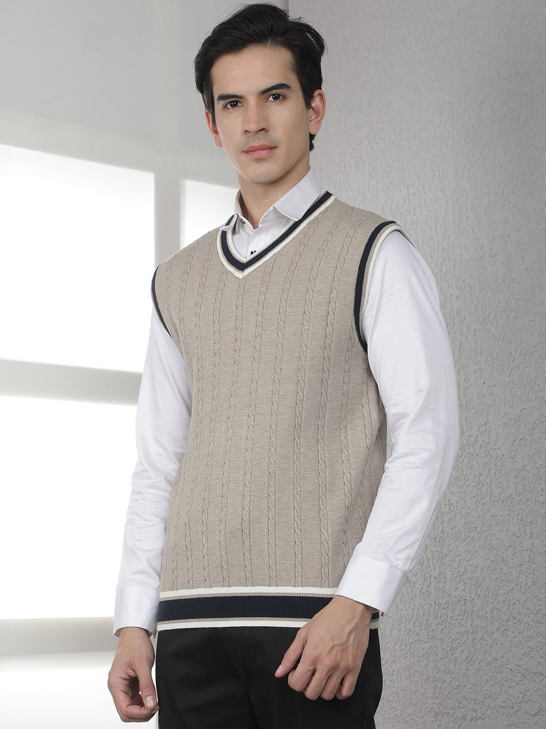 Beige Jacquard V-Neck Sleeveless Sweater