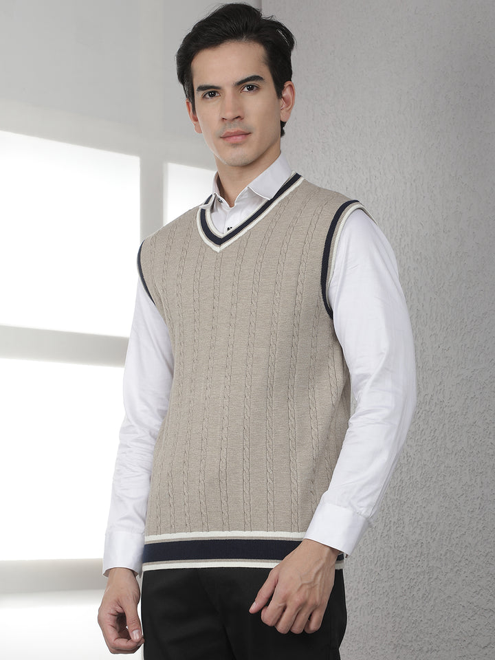 Beige Jacquard V-Neck Sleeveless Sweater