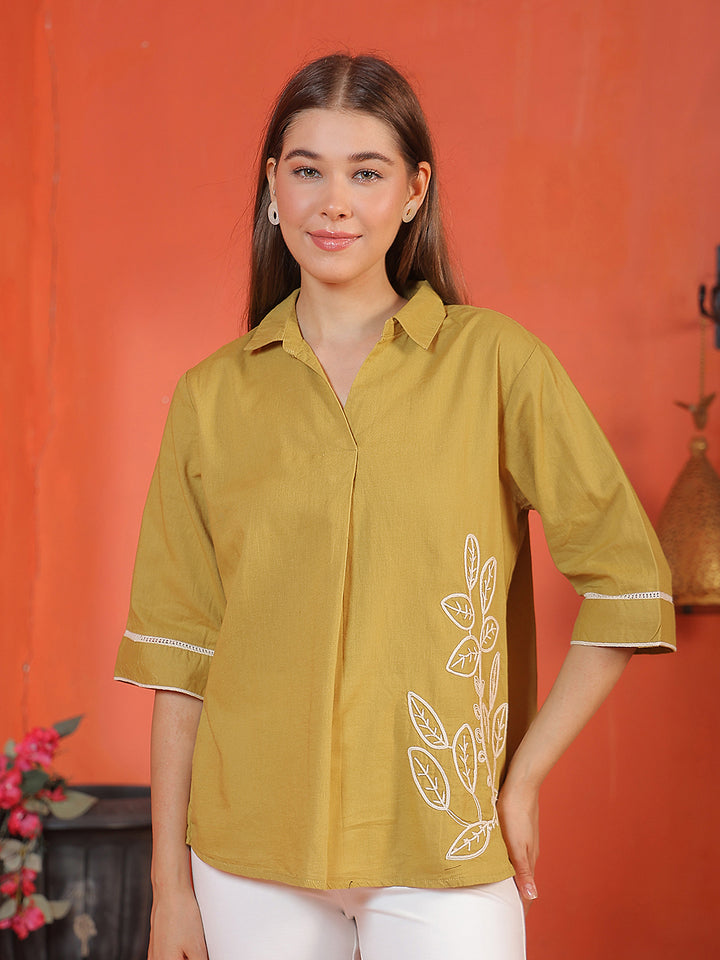 Cotton Mustard Embroidered Longline Top