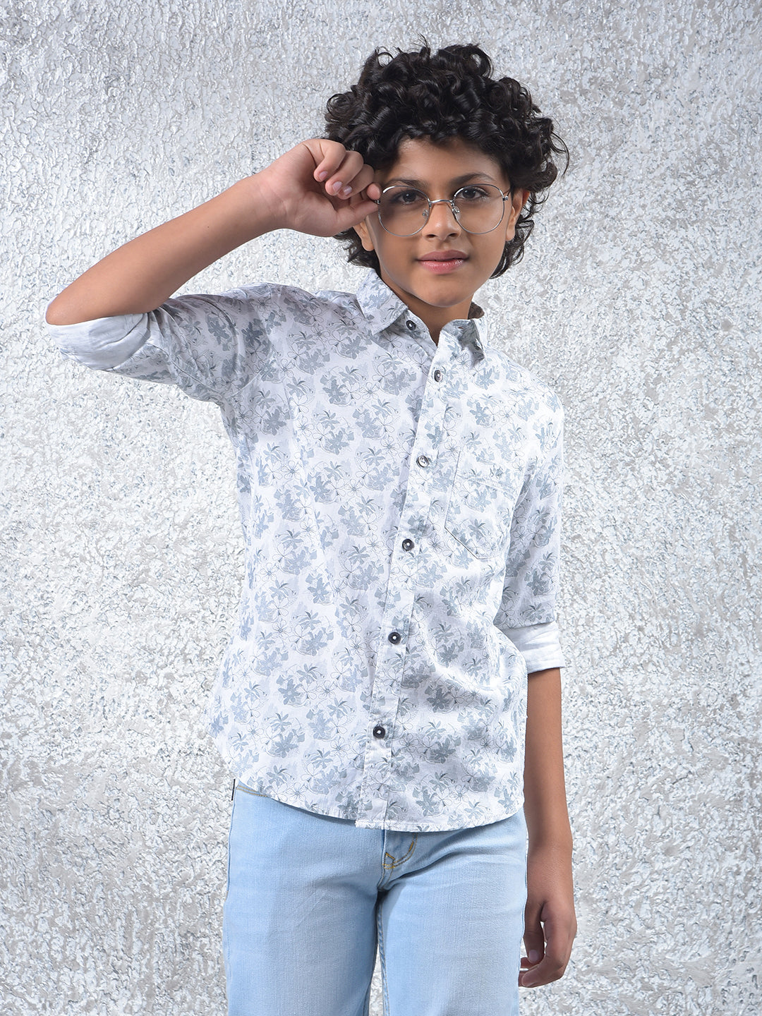Grey Floral Print 100% Cotton Shirt-Boys Shirts-Crimsoune Club