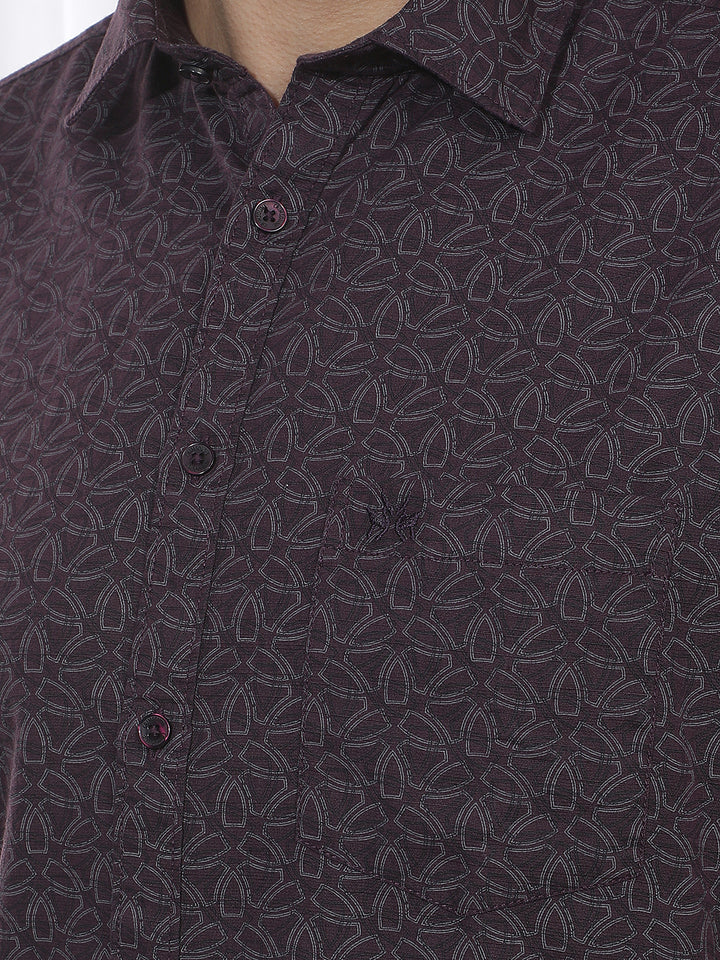 Wine Geometric Print Linen Shirt