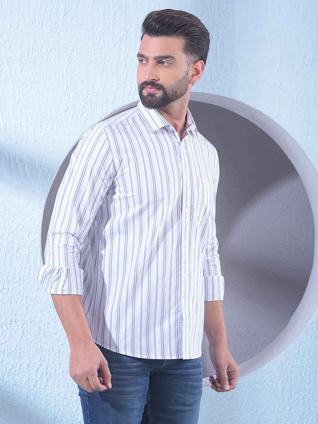 White 100% Cotton Vertical Stripes Shirt
