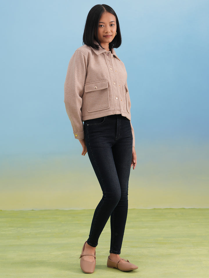 Beige Double-Pocket Cropped Shacket