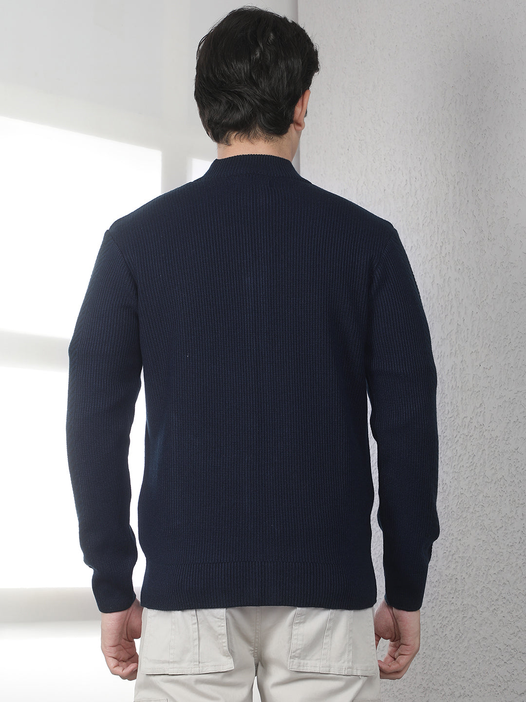 Navy Blue Jacquard Knitted Cardigan