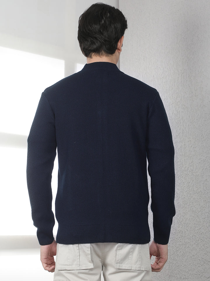 Navy Blue Jacquard Knitted Cardigan
