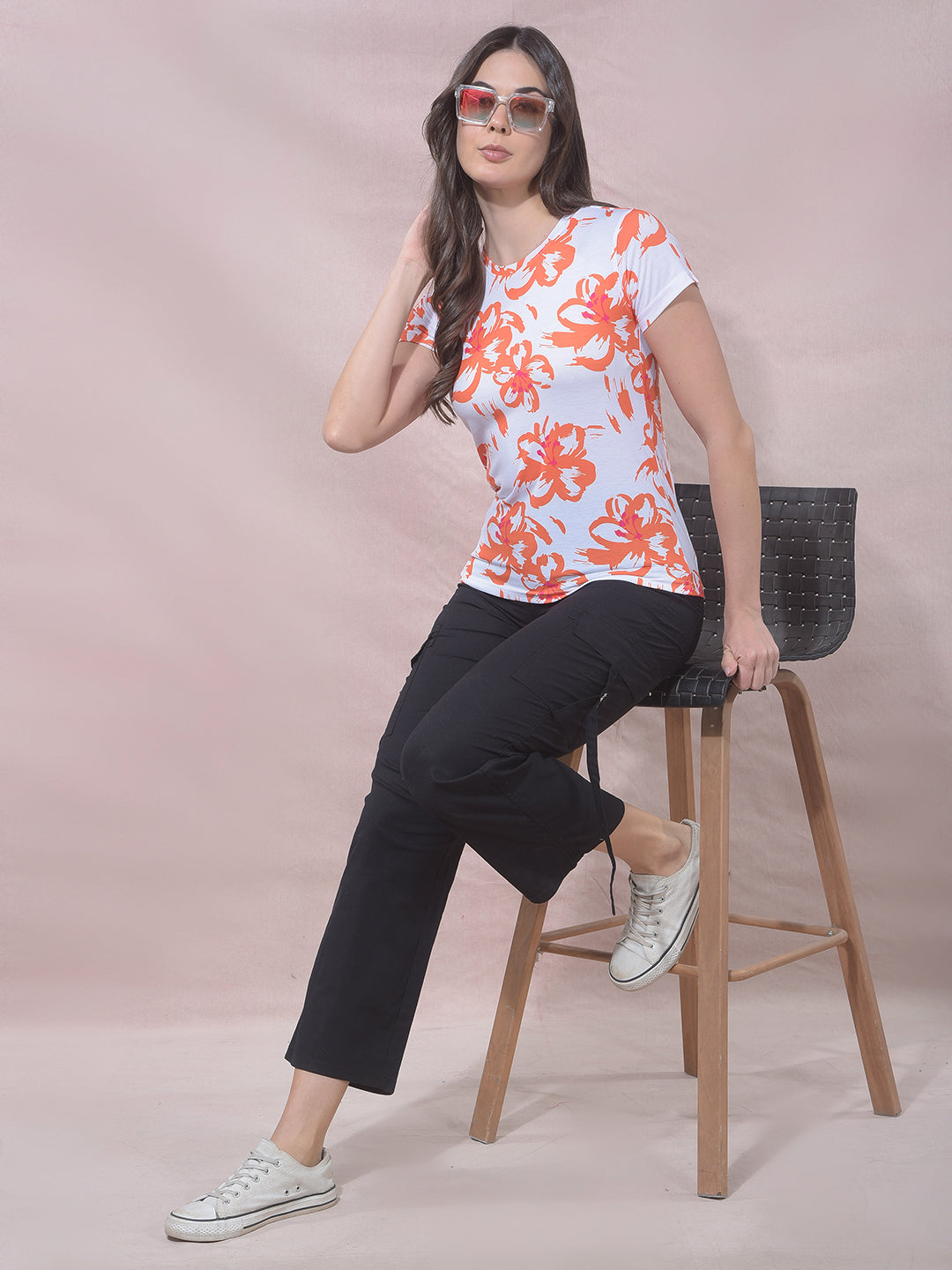 Orange Floral Print T-Shirt