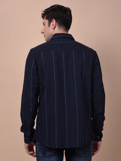 Navy Blue Vertical Stripes 100% Cotton Shirt