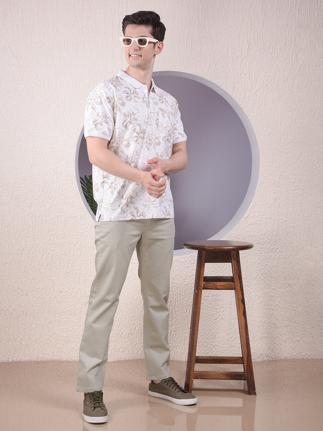 Beige Floral Print Polo-Neck T-Shirt
