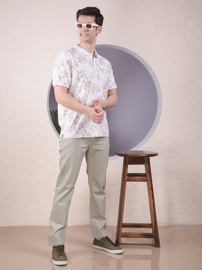 Beige Floral Print Polo-Neck T-Shirt