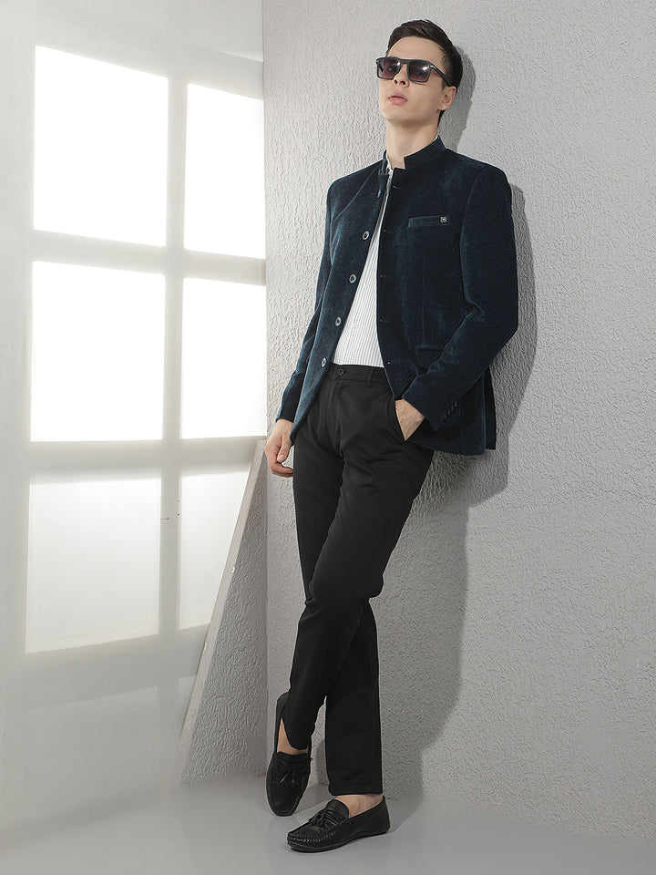 Navy Blue Mandarin Neck Blazer
