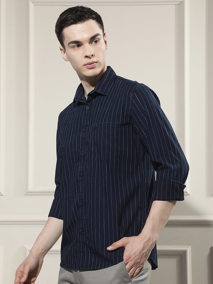 Navy Blue Vertical Stripes 100% Cotton Shirt