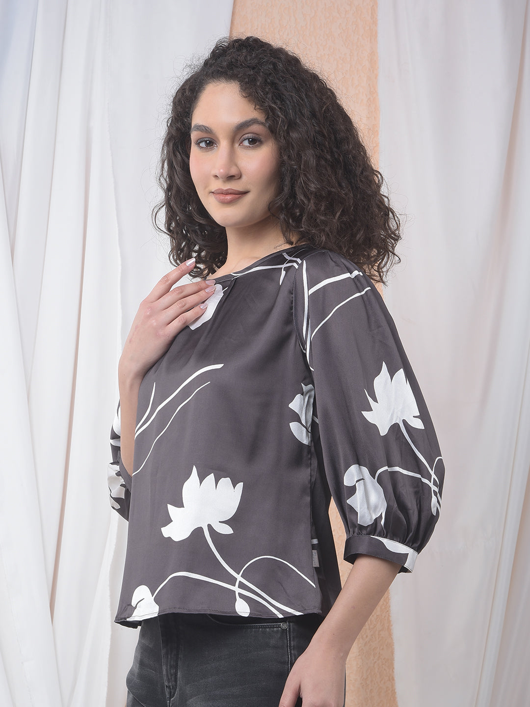 White Floral Printed Satin Finish Top