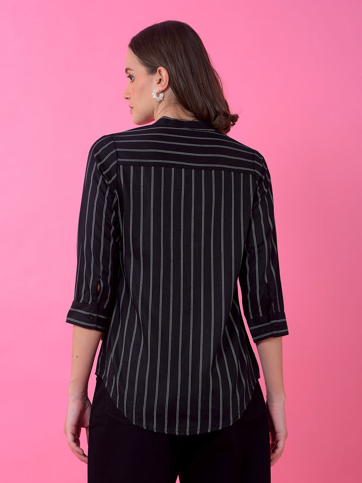 Black Vertical Stripes V-Neck Shirt