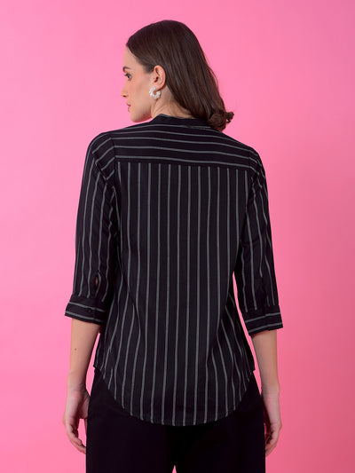 Black Vertical Stripes V-Neck Shirt