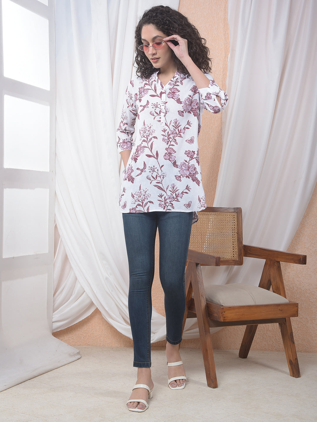 Wine Floral Printed Linen Top