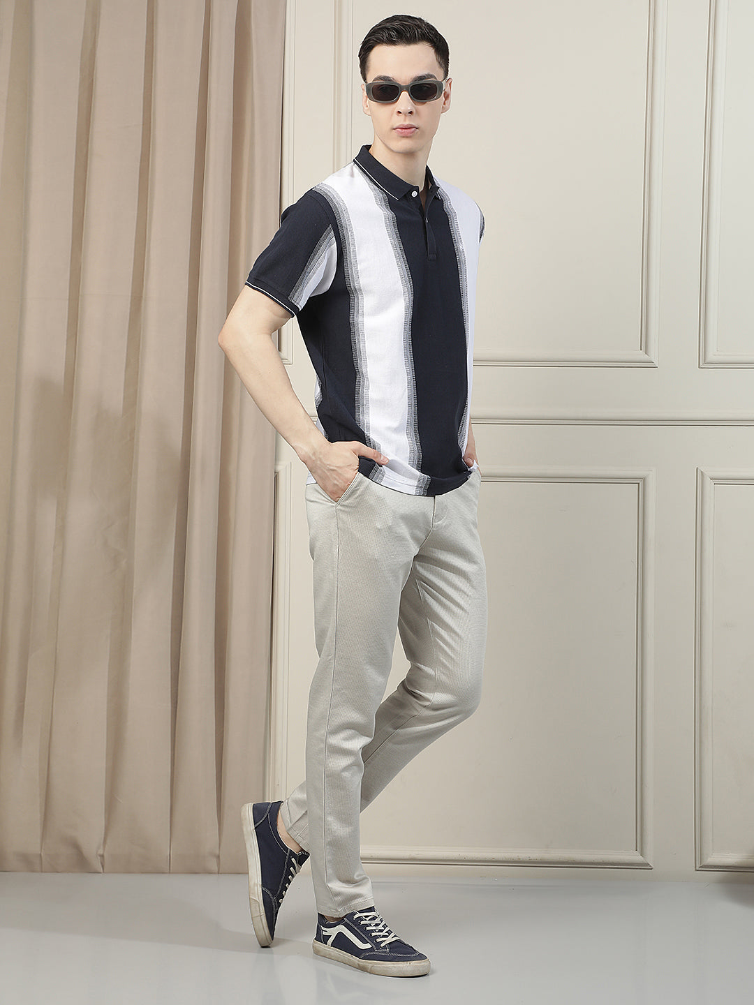 Beige Smooth Finish Print Trousers