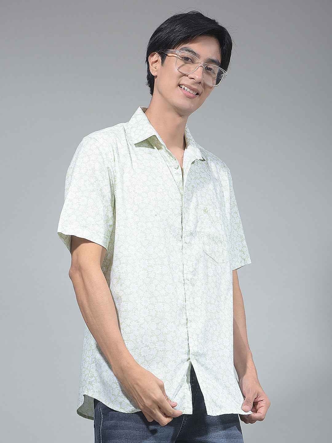 Green Floral Print Modal Shirt