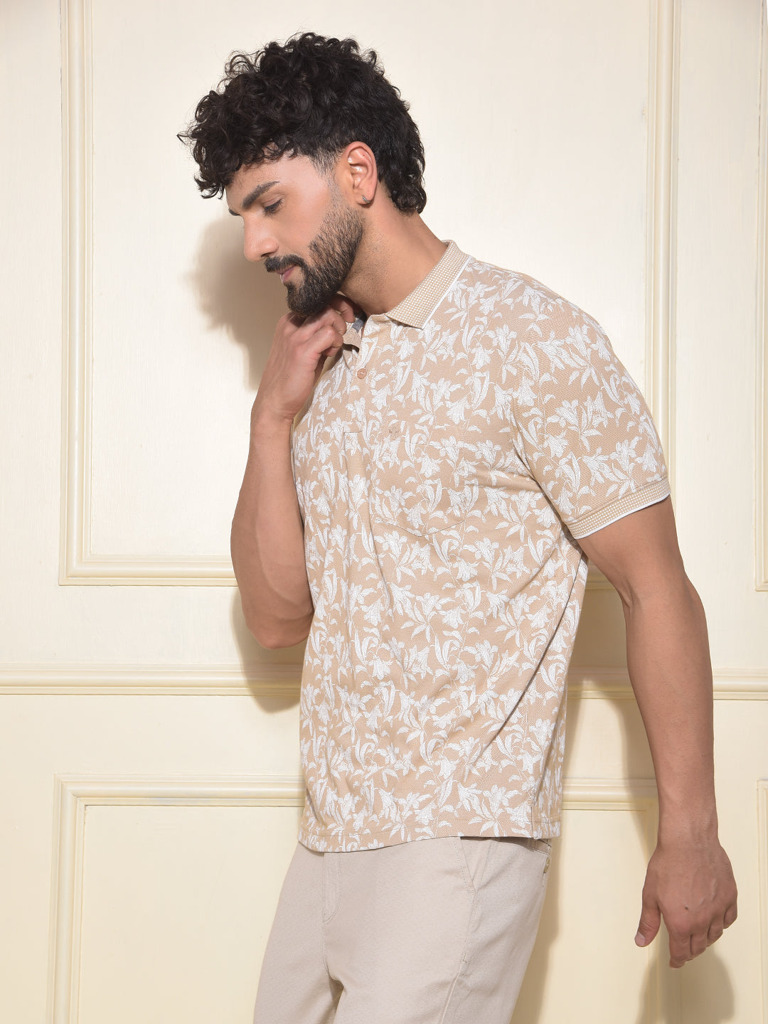 Beige Floral Print Polo-Neck T-Shirt