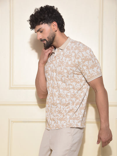 Beige Floral Print Polo-Neck T-Shirt