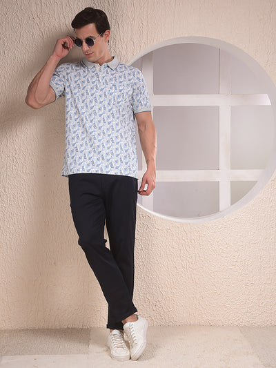 Blue Printed Polo Neck T-Shirt