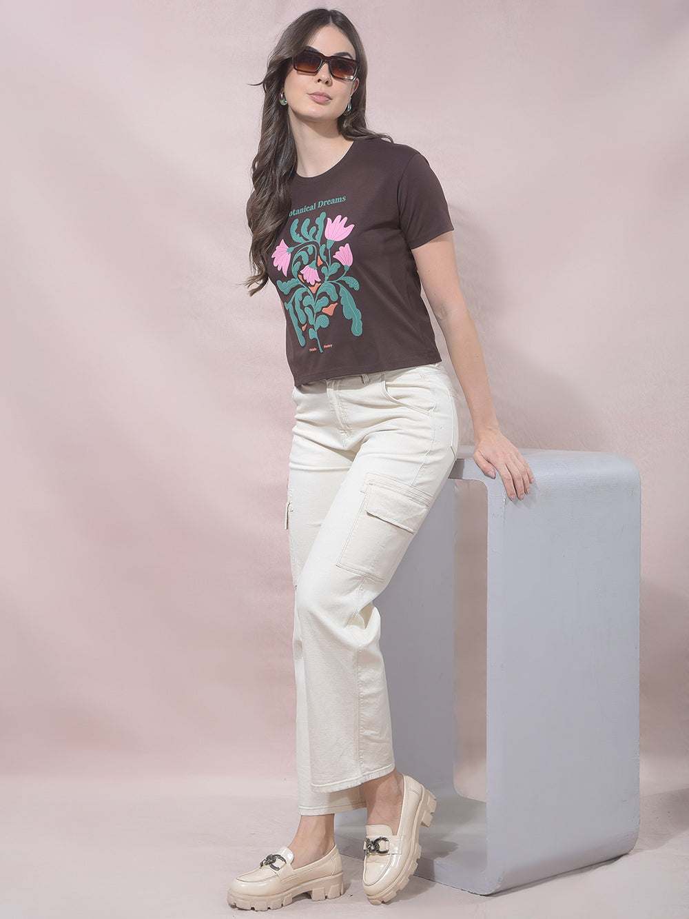 Brown Floral Print Cropped T-Shirt