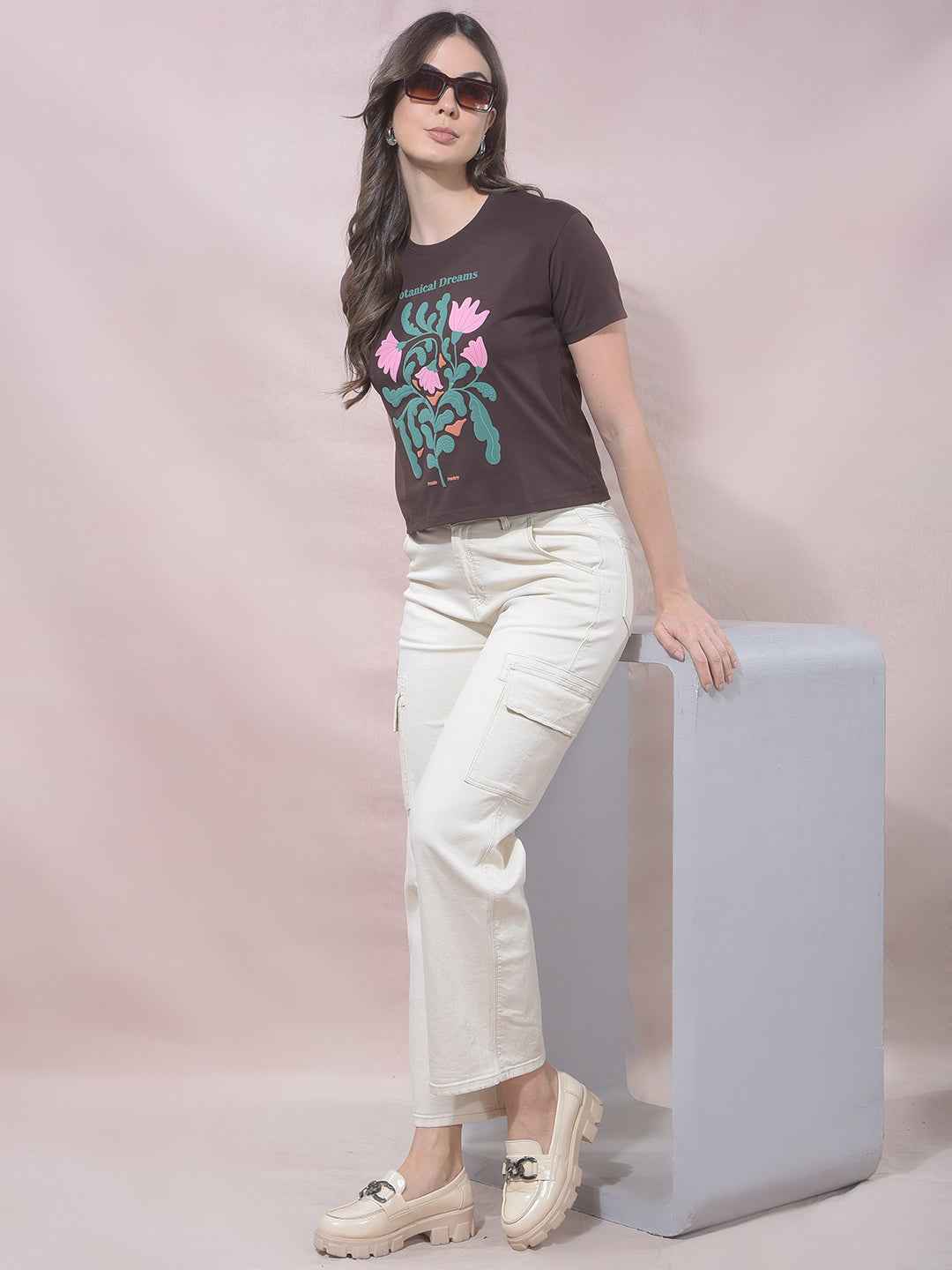 Brown Floral Print Cropped T-Shirt