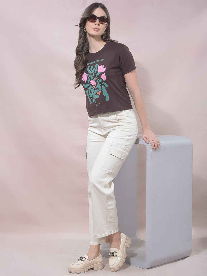 Brown Floral Print Cropped T-Shirt