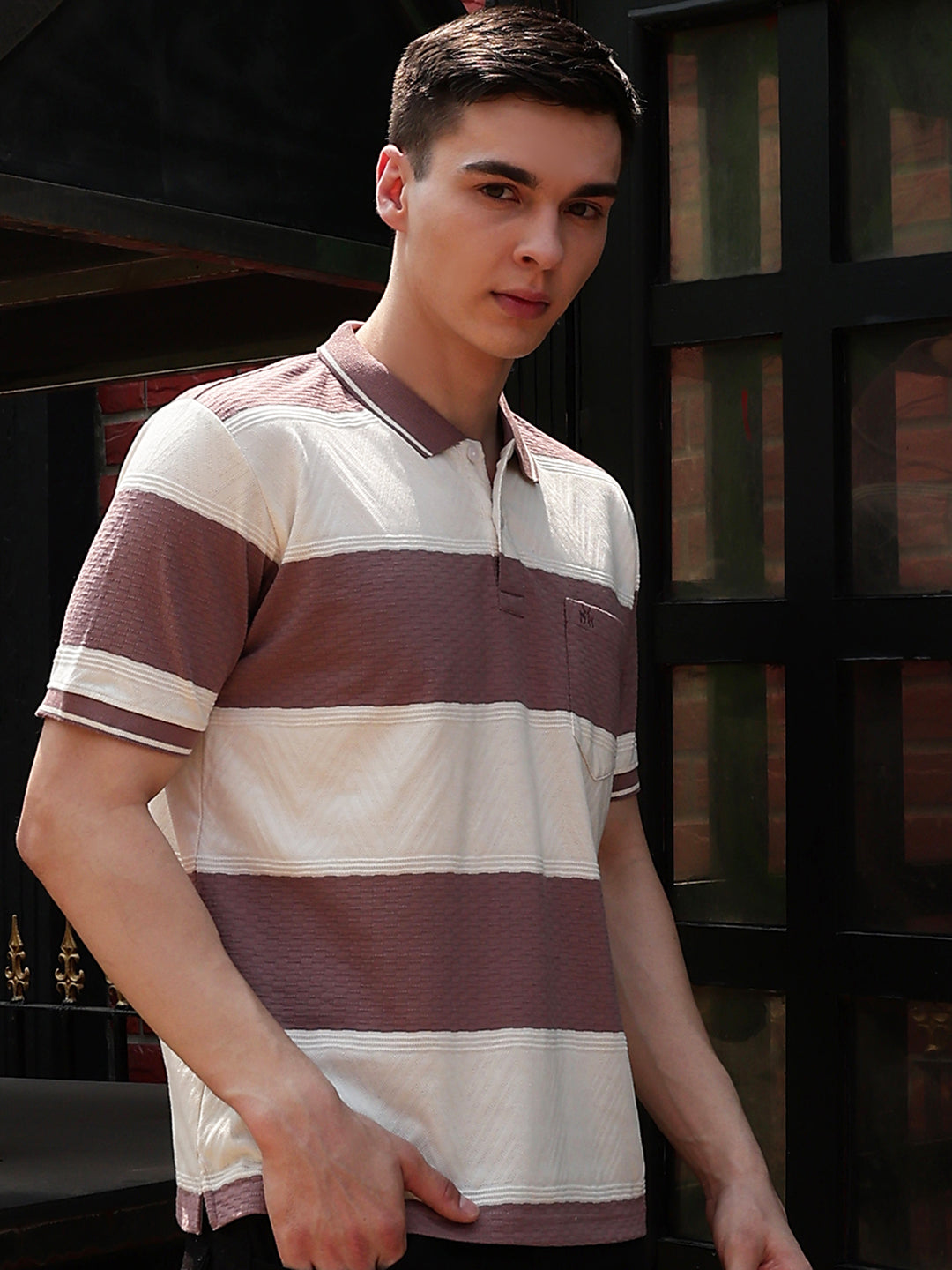Purple Horizontal Striped Polo Neck T-Shirt