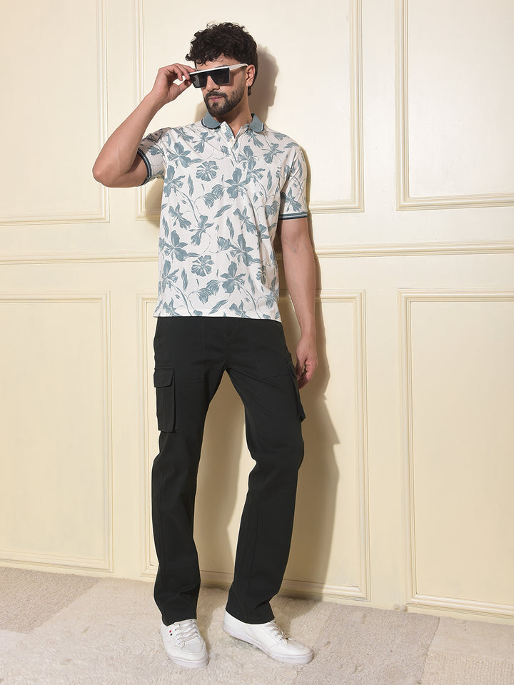 Green Floral Print Polo-Neck T-Shirt