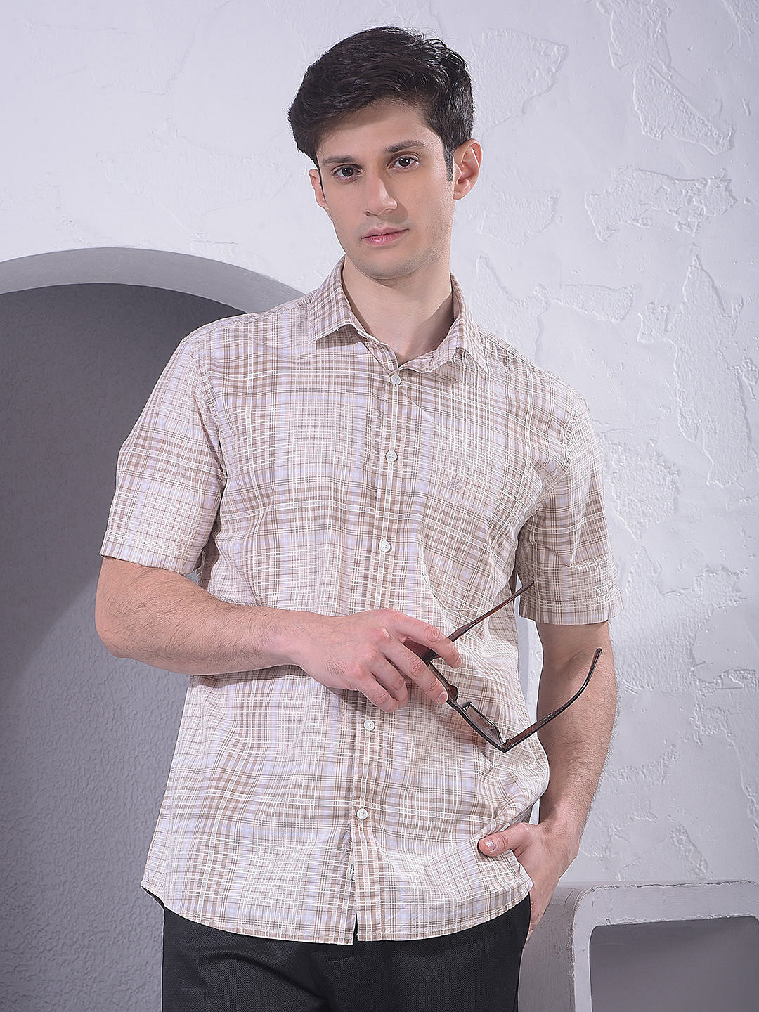 Beige Checked 100% Cotton Shirt