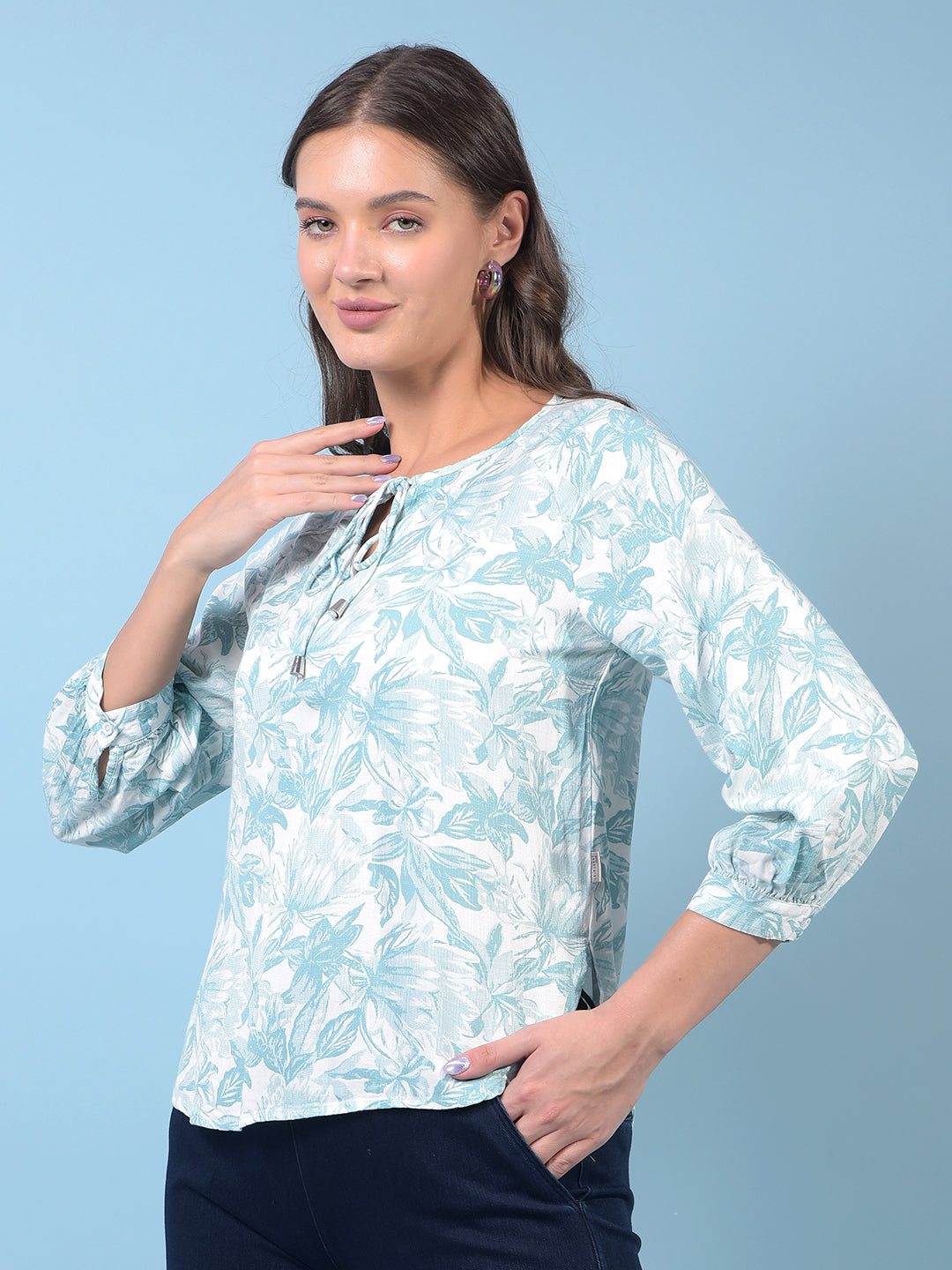 Green Floral Print Top-Women Tops-Crimsoune Club