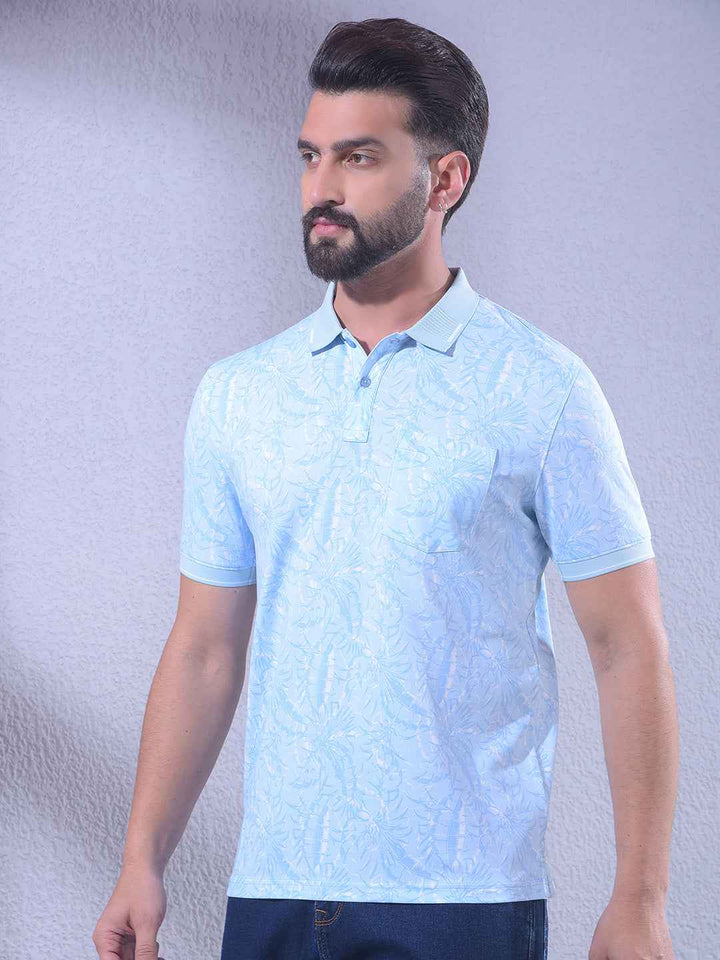 Blue Floral Print Polo Neck T-Shirt