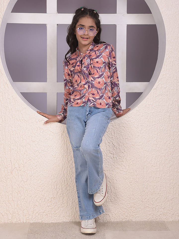 Peach Floral Print Tie-Up Neck Shirt