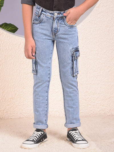 Blue 100% Cotton Straight Cargo Jeans