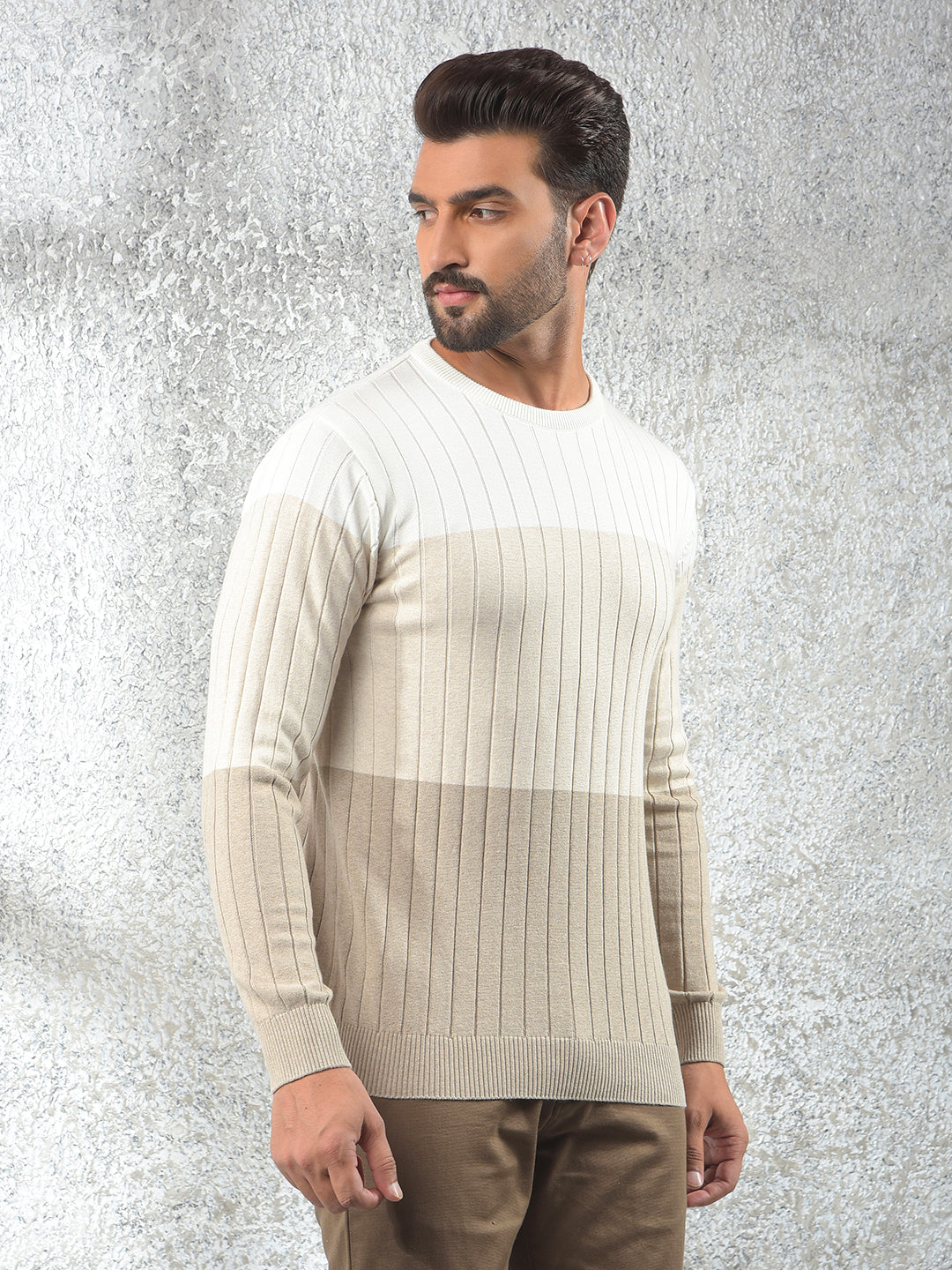 Beige Color-Block 100% Cotton Sweater