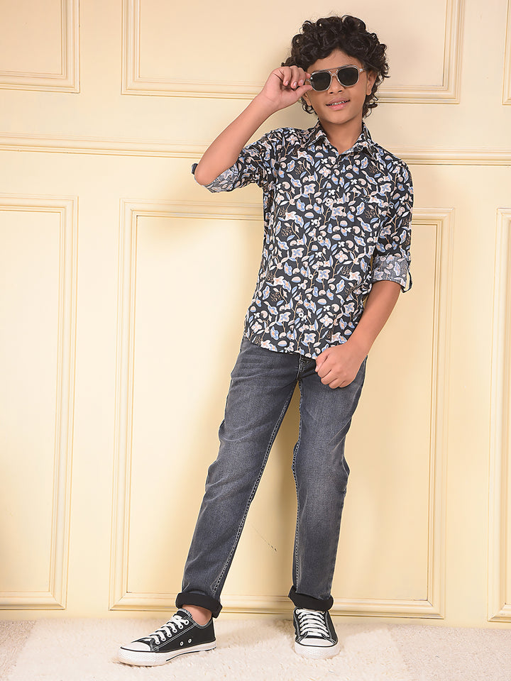 Navy Blue Floral Print Shirt