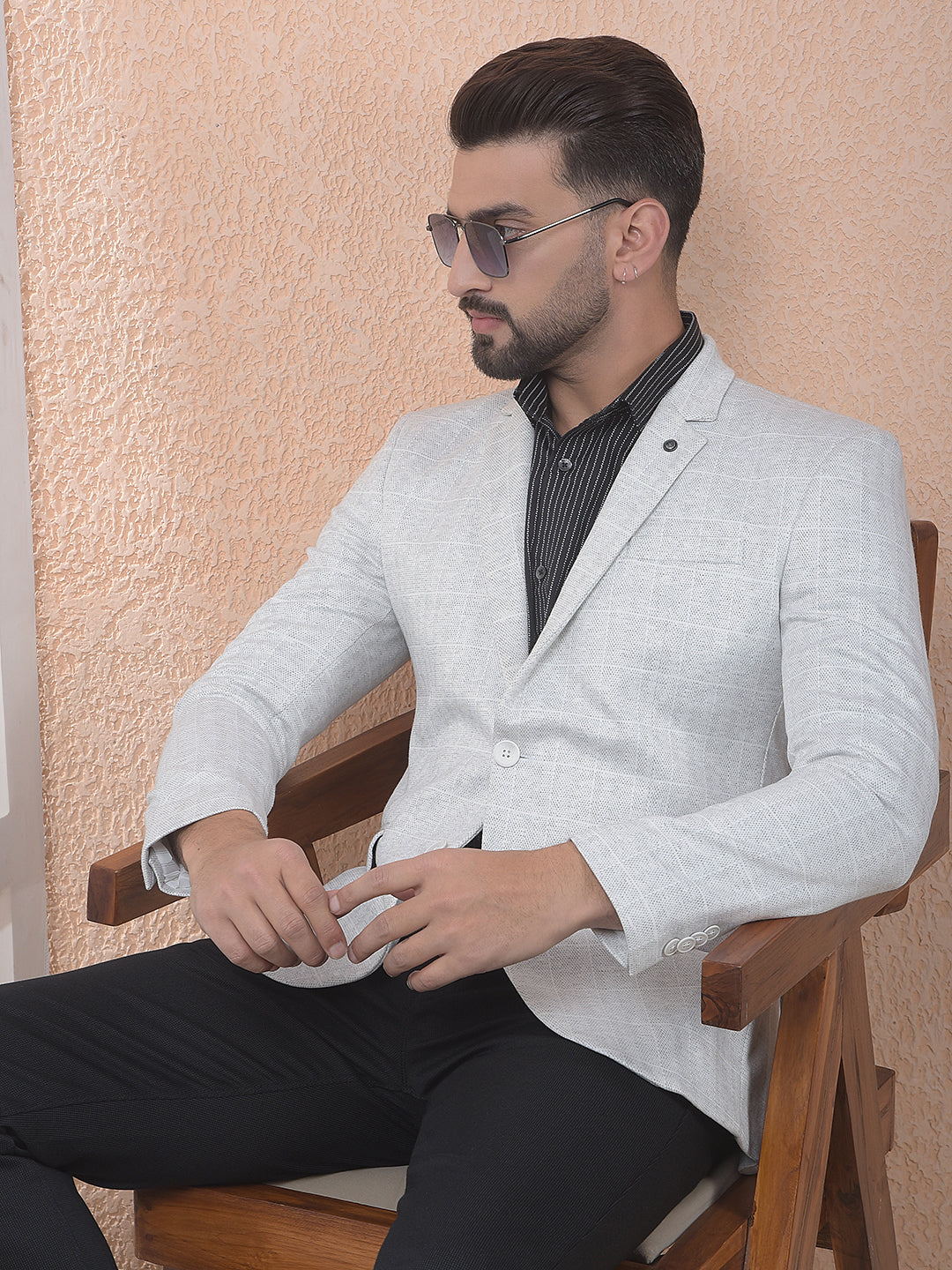Grey Textured Notched Lapel Single Breasted Blazer