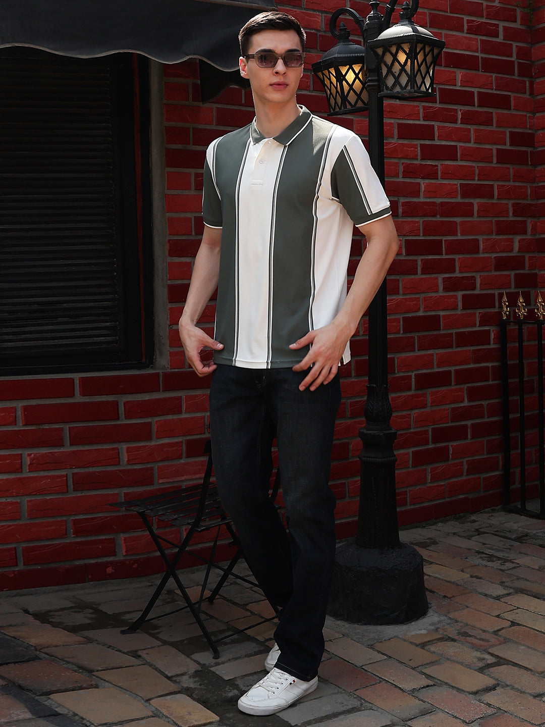 Green Vertical Striped Polo Neck T-Shirt