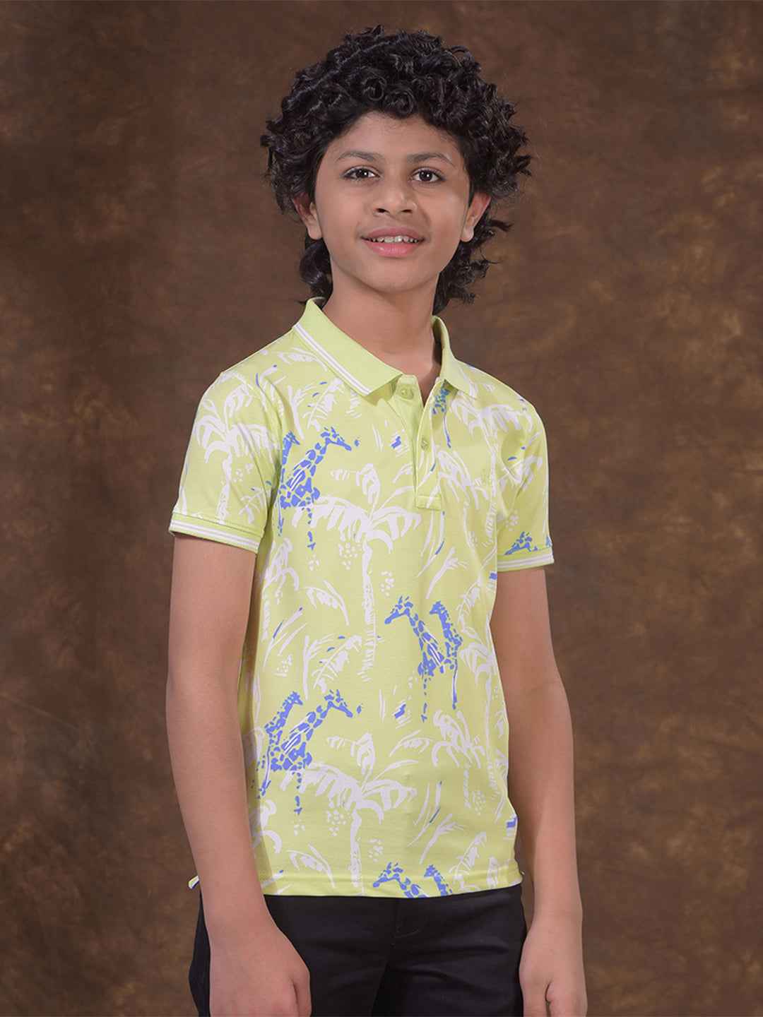 Green Floral Print Polo Neck T-Shirt