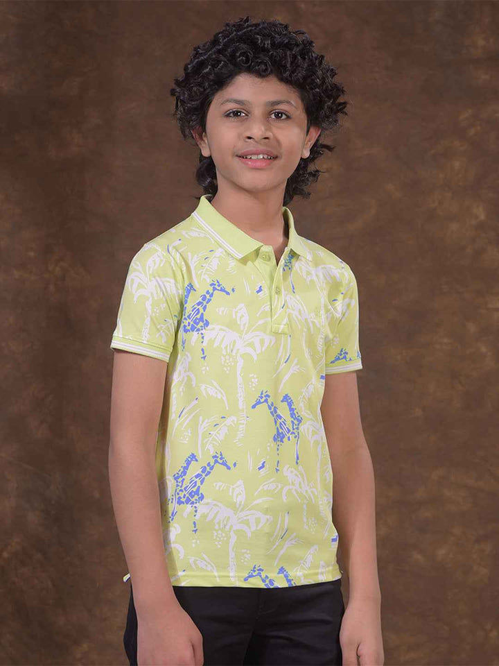 Green Floral Print Polo Neck T-Shirt